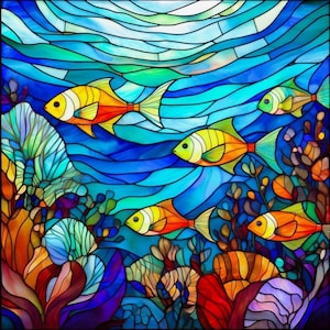 May include: A stained glass panel featuring an underwater scene with four orange and yellow fish swimming through blue water. The composition includes colorful coral reefs and aquatic plants in shades of red, purple, orange, and green.