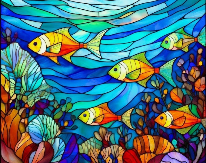 Stained Glass Fabric Ocean Reef Tropical Fish Panel Swimming Underwater Scene Cotton Sateen Quilt Block Fractured Design Watercolor Beach