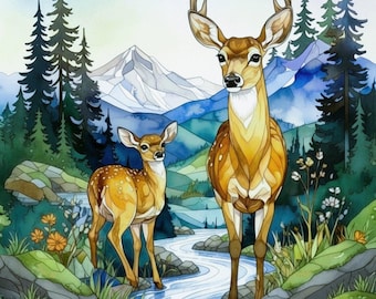 Watercolor Deer Fabric Quilt Block Wildlife Buck Fawn Mountain Pine Trees Stained Glass Organic Cotton Panel Nursery Nature Quilting Sewing