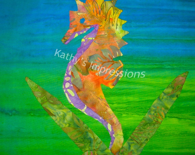 SALE Tropical Seahorse Neon Orange Blue Green Batik Colors Hawaii Organic Cotton Sateen Fabric Quilt Square Velvet Panel