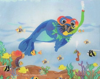 SEAL Ocean Reef Tropical Fish Beach Fabric Quilt Square ~ Sea Lion Snorkeling Ocean Fabric Panel Kids Girls Boys