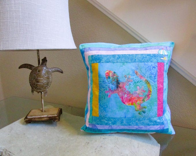Quilted Tropical Gecko Lizard Pillow Cover~ Colorful Batik Fabric~ Fits 18" Insert