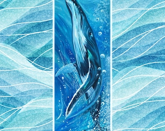 Humpback Whale Ready to Breach Fabric Quilt Block Ocean Bubbles Waves Sea Life Panel