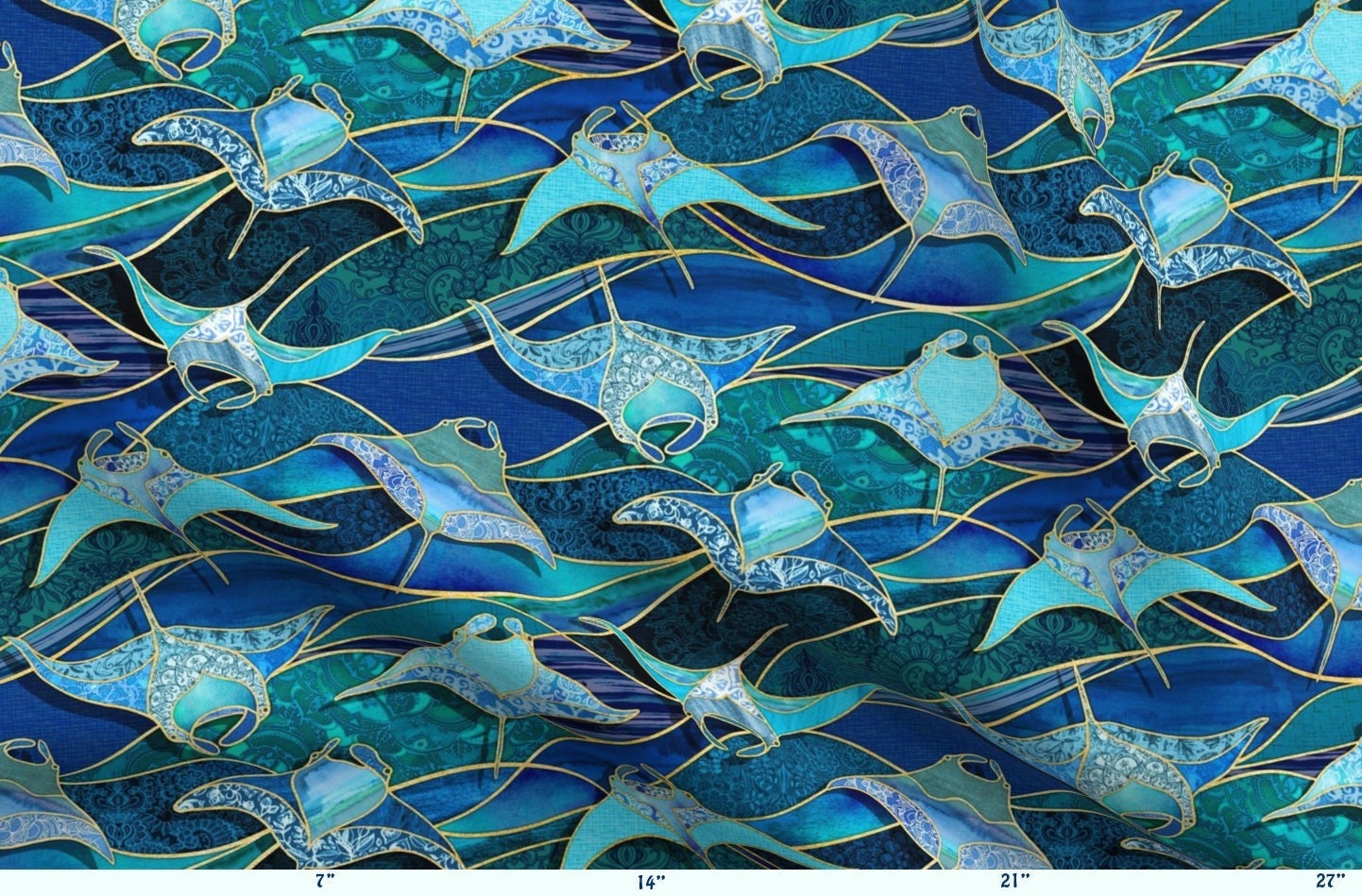 MANTA RAYS Ocean Stained Glass Watercolors Fabric BTY Tropical Blue