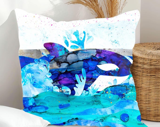 ORCA Whale Velvet Pillow Cover Invisible Zipper, Under the Sea Whale Ocean Beach Reversible Tropical Pillow~ Fits 18" Insert