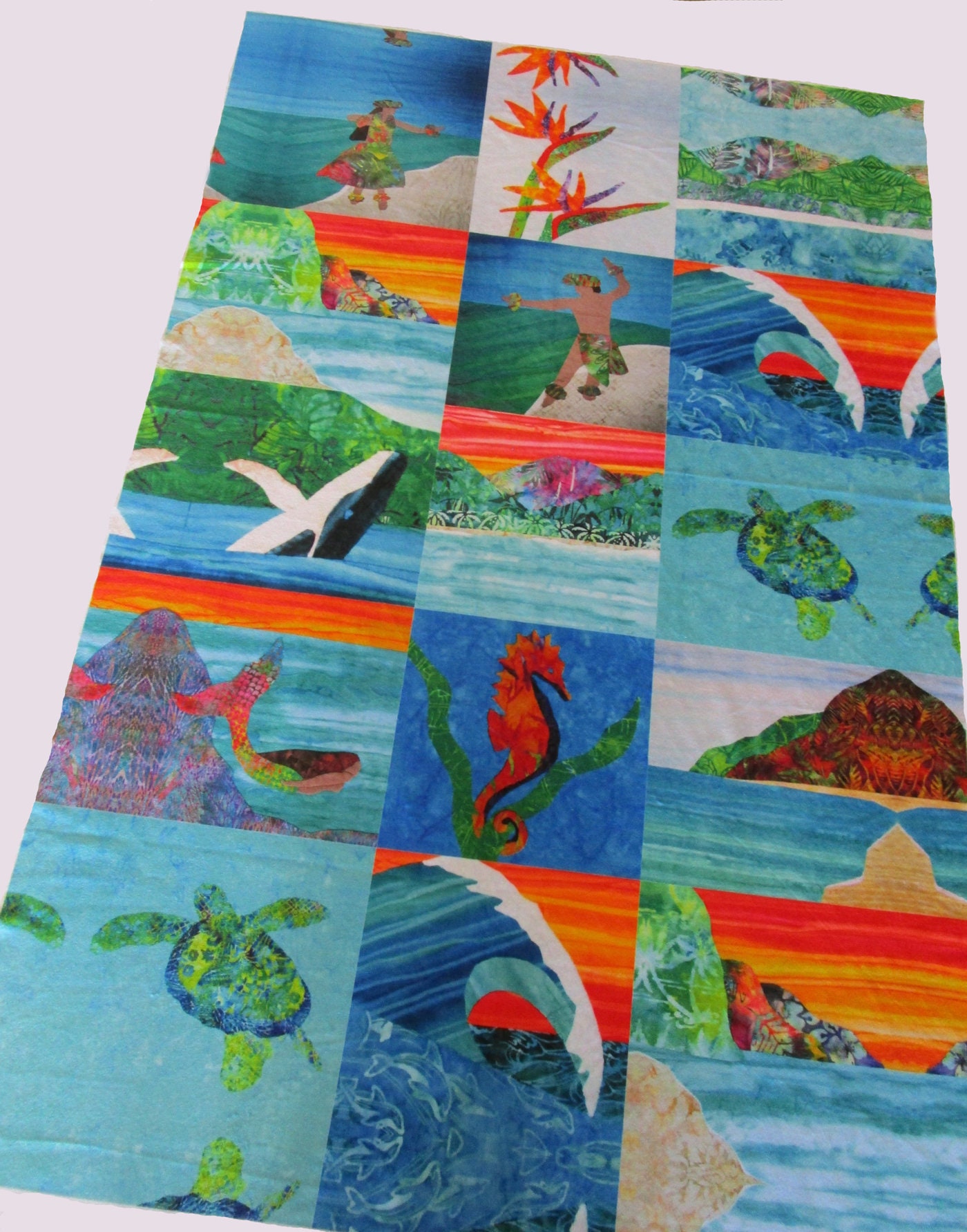 Hawaiian BEACH Fabric MINKY Wholecloth Quilt Top Tropical Sea Turtle