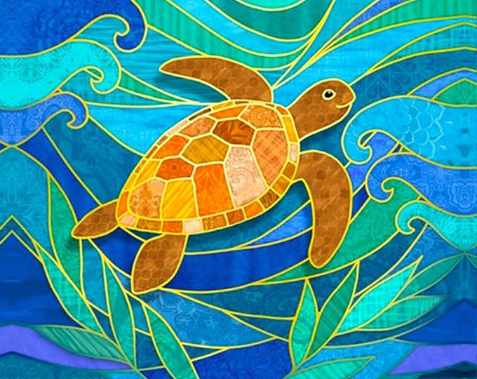 Stained Glass Brown Sea Turtle Swimming Vivid Green Blue Ocean Fabric Quilt Square Panel Block Patchwork Coastal Tropical