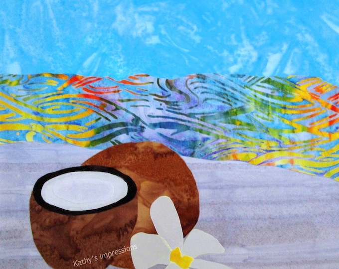 Tropical Beach Coconut Plumeria Flower Cotton Fabric Quilt Square Blue Sky Colorful Ocean Waves