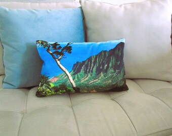 NA PALI Coast Velvet Pillow Cover~ Kauai Kalalau Valley Lookout Mountains Ocean Reversible Pillow Cover~ Fits 18" x 12" Insert