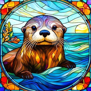 May include: A stained glass artwork featuring an otter in shades of brown, gold, and blue. The otter is depicted in water with a yellow sun in the background. The artwork is framed with colorful glass pieces.