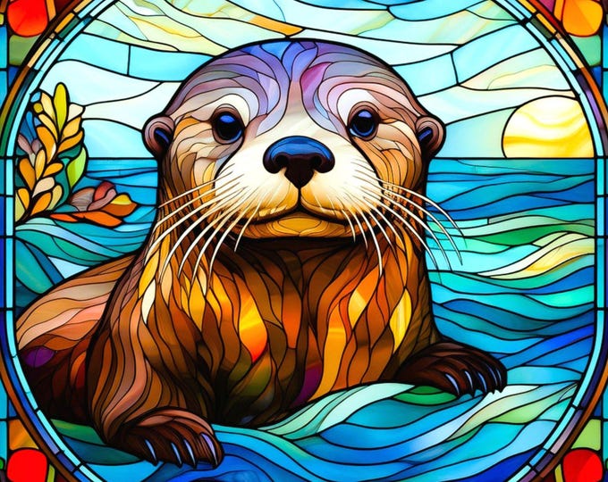 Stained Glass Sea Otter Ocean Watercolor Coastal Marine Life Fabric Quilt Block Square Panel Monterey
