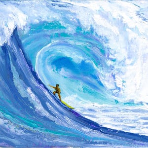 May include: An oil painting depicting a surfer on a yellow surfboard riding a large, curling ocean wave. The artwork features thick, textured brushstrokes in shades of deep blue, turquoise, and white, capturing the dynamic motion of water.