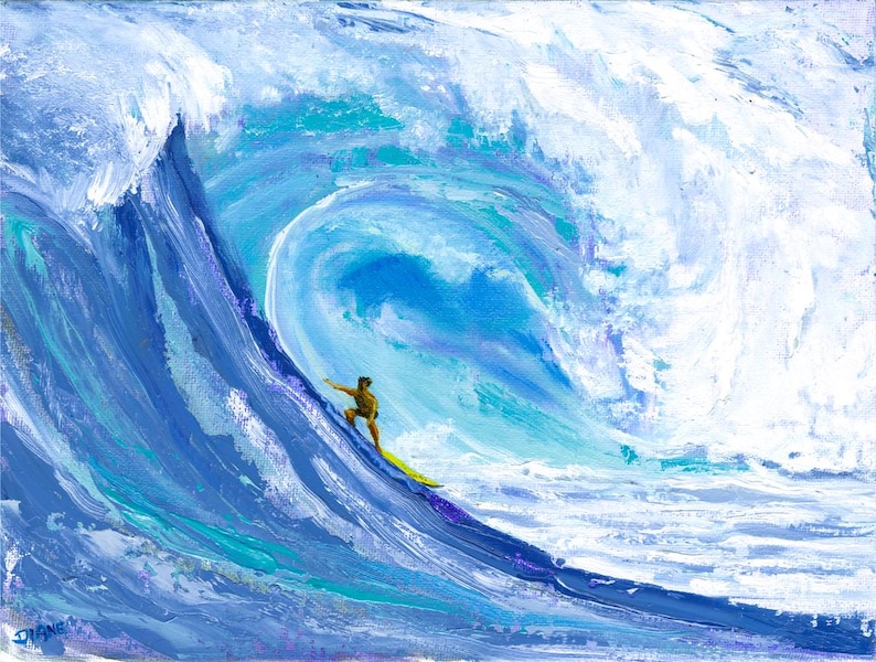 May include: An oil painting depicting a surfer on a yellow surfboard riding a large, curling ocean wave. The artwork features thick, textured brushstrokes in shades of deep blue, turquoise, and white, capturing the dynamic motion of water.