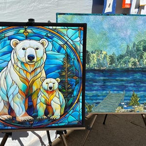 Polar Bear Nursery Wall Hanging Fabric Panel Stained Glass Design Mama Baby Wildlife Nature Art Organic Cotton Quilt Block Square Fractured Pattern Baby Room Decor Perfect Gift Beautiful Animal Theme Textile Craft Project