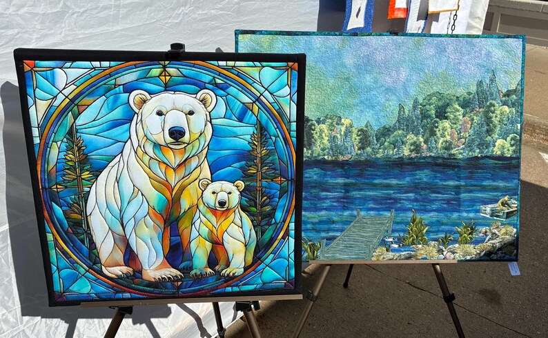 Polar Bear Nursery Wall Hanging Fabric Panel Stained Glass Design Mama Baby Wildlife Nature Art Organic Cotton Quilt Block Square Fractured Pattern Baby Room Decor Perfect Gift Beautiful Animal Theme Textile Craft Project