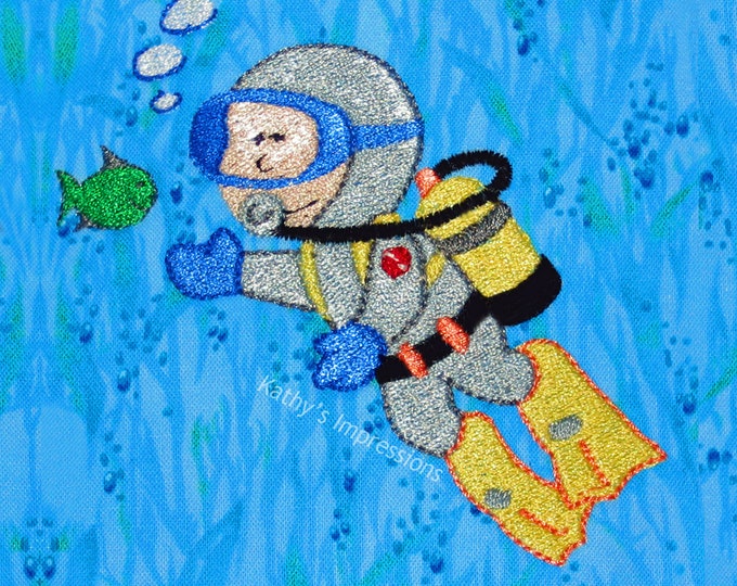 SCUBA DIVER Boy Fabric Quilt Square Blue Ocean Water Bubbles Sea Grass Green Tropical Fish Block Panel