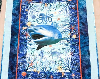 Boys Under the Sea Shark Quilt Coastal Beach Ocean Life Theme Quilted 3D Look Handmade Baby Shower Gift Crib Nautical Toddler Birthday
