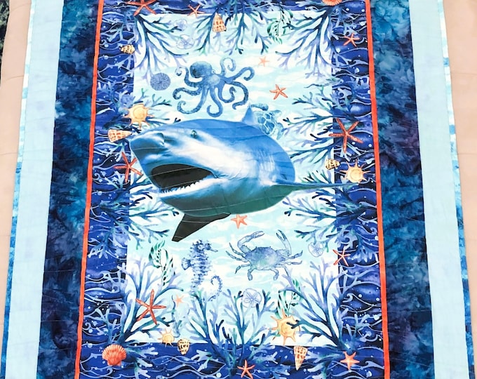 Boys Under the Sea Shark Quilt Coastal Beach Ocean Life Theme Quilted 3D Look Handmade Baby Shower Gift Crib Nautical Toddler Birthday