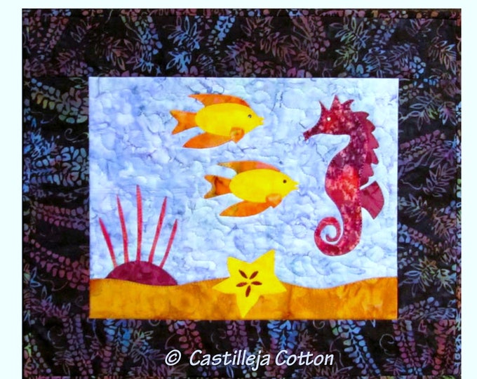 Gossiping Fish and Seahorse Digital Quilt Pattern .PDF Download Fusible Applique Technique~ Under the Sea Ocean Beach 20" x 17"