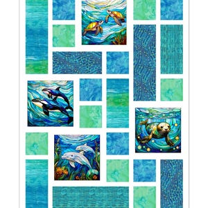 May include: A quilt featuring a stained-glass style design with marine life. The quilt showcases sea turtles, orcas, dolphins, and a seal in a vibrant blue and green color palette. The design is arranged in a patchwork style.