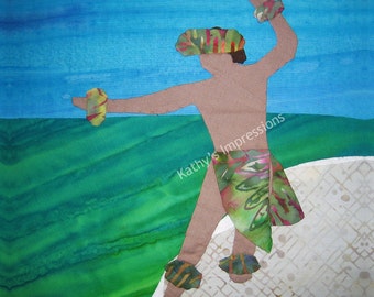 SALE Hawaiian Male Hula Dancer Kane Fabric Quilt Square Beach Panel Block Hawaii Luau Ocean Dancing