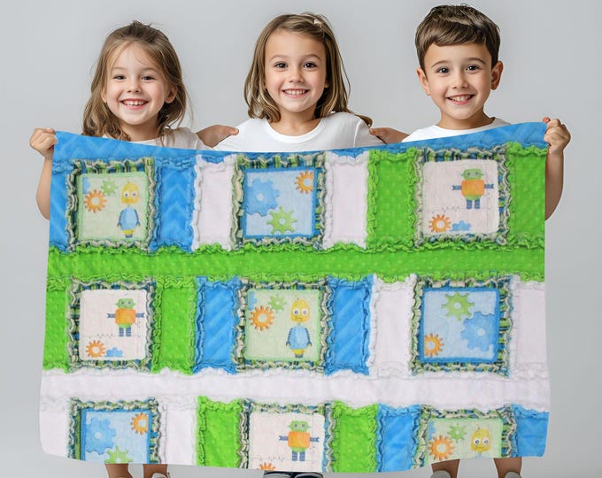 Boys ROBOT GEARS Space Minky Quilt Baby Crib Play Mat Toddler Blanket~ Turquoise Blue Lime Green White~ Reversible Blanket, Baby Shower