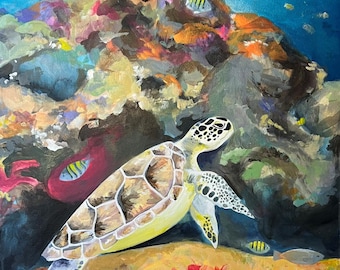 Brown Sea Turtle Ocean Reef Tropical Fish Painterly Fabric Quilt Block Beach Panel