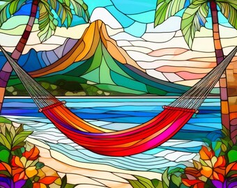 Stained Glass Hammock on Beach Palm Trees Mountains Tropical Flowers Fabric Quilt Block Square Hawaiian Paradise