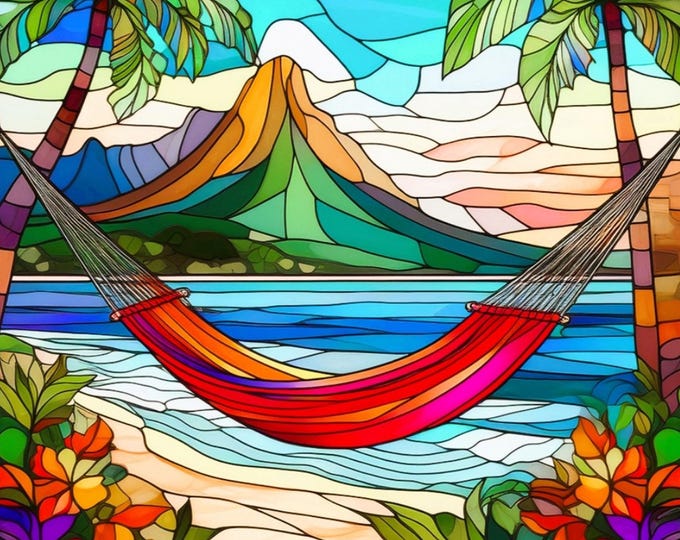 Stained Glass Hammock on Beach Palm Trees Mountains Tropical Flowers Fabric Quilt Block Square Hawaiian Paradise