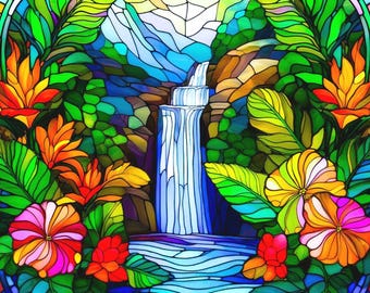 Stained Glass Tropical Waterfall Garden Paradise Flowers River Watercolor Fabric Quilt Square Coastal Hawaii Block Panel