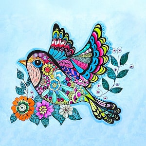May include: A colorful illustration of a bird with intricate patterns and floral designs. The bird features a black outline with vibrant wings in shades of pink, blue, yellow, and green. Flowers in orange, pink, and white surround the bird against a light blue background.