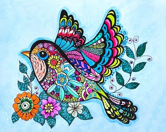 Tropical Bird Fabric Quilt Block Colorful Zentangle Art Square: Pastel or Primary Colors