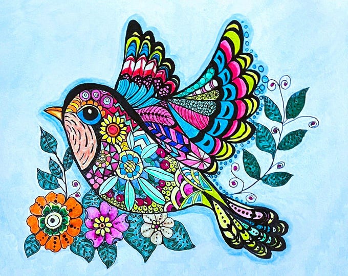 Tropical Bird Fabric Quilt Block Colorful Zentangle Art Square: Pastel or Primary Colors
