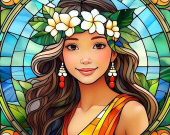 Stained Glass Hawaiian Hula Dancer Crown Flower Lei Luau or Girl Visiting Tropical Paradise Watercolor Fabric Quilt Block Square Ocean Sky