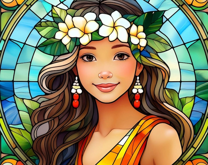 Stained Glass Hawaiian Hula Dancer Crown Flower Lei Luau or Girl Visiting Tropical Paradise Watercolor Fabric Quilt Block Square Ocean Sky