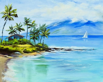 Lahaina Beach Napili Bay Turquoise Ocean Sailboat Maui Fabric Quilt Block On Island Time