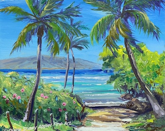 Beach Path Palm Trees Fabric Quilt Square Panel Hawaii Maui Anticipation Swimming in Turquoise Ocean