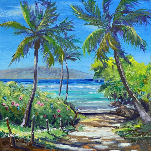 Beach Path Palm Trees Fabric Quilt Square Panel Hawaii Maui Anticipation Swimming in Turquoise Ocean