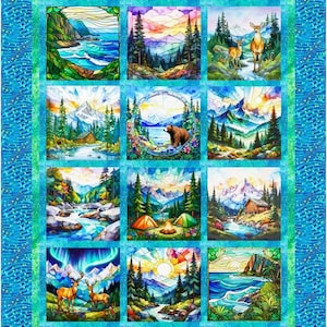 May include: A quilt featuring twelve square panels with stained glass style illustrations of nature scenes, including mountains, forests, rivers, wildlife, and camping sites, framed by a blue and green patterned border with a starry design.