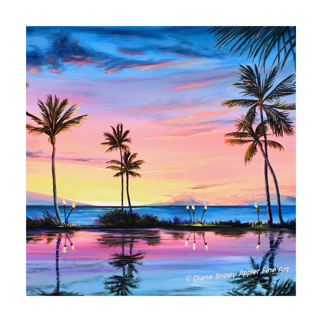 HOWLIN'| (DREAMTIME TROPICAL) Tropical Beach Sunset Palm Trees Tiki Torches Fabric Quilt