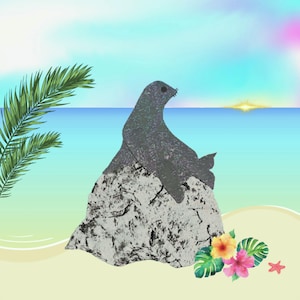 SEAL Chillin&#39; Fabric Quilt Square~ Sea Lion Sitting on Rock Beach Ocean Waves Splashing Fabric Panel~ Coastal Seal Fabric