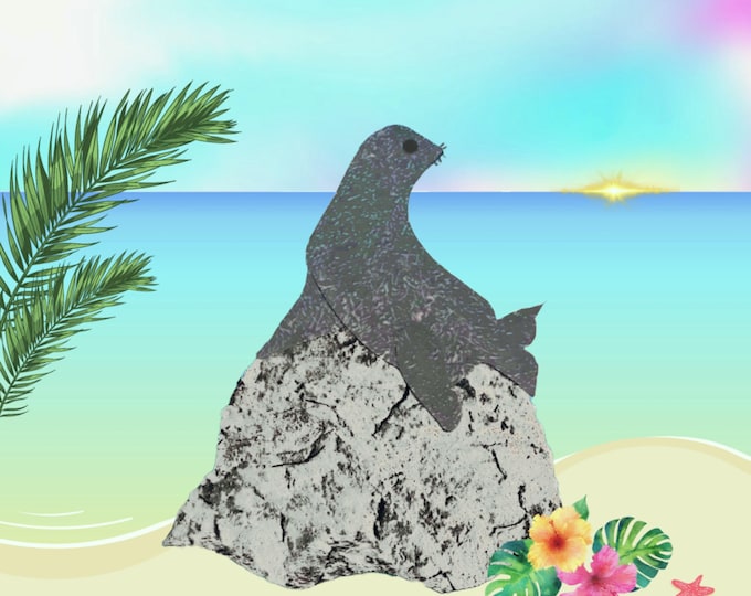 SEAL Chillin' Fabric Quilt Square~ Sea Lion Sitting on Rock Beach Ocean Waves Splashing Fabric Panel~ Coastal Seal Fabric