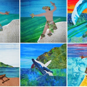 May include: A collection of six fabric collage art pieces featuring tropical scenes. Images include hula dancers in floral skirts, a sea turtle swimming under a wave, a coastal landscape with a boat, a whale breaching, and a sunset beach scene.