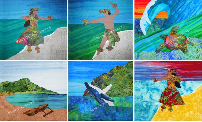May include: A collection of six fabric collage art pieces featuring tropical scenes. Images include hula dancers in floral skirts, a sea turtle swimming under a wave, a coastal landscape with a boat, a whale breaching, and a sunset beach scene.