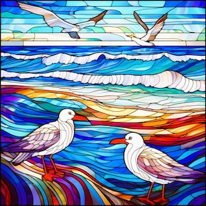 May include: Stained glass artwork depicting a coastal scene with seagulls. Two seagulls stand on a colorful shoreline, while three others fly above the waves. The artwork uses vibrant blues, oranges, and purples.