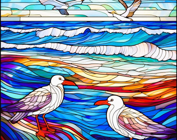 Stained Glass Beach Ocean Waves Birds Sand Pipers Seagulls Coastal Fabric Quilt Block Square Panel