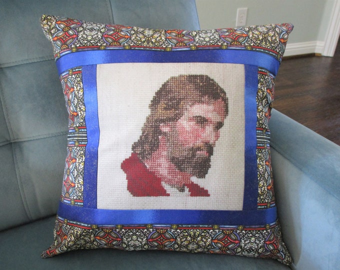JESUS Pillow Cover~Blue Stained Glass Windows Red Galaxy Isaiah 41 Christian~Has Look of Cross Stitch~Fits Your Own 15", 16", or 18" Insert