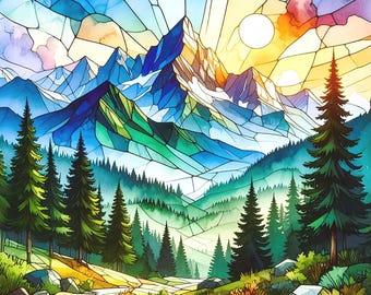 Stained Glass Purple Mountain Majesty Watercolor Sunset Hiking Nature Forest Fabric Quilt Block Panel