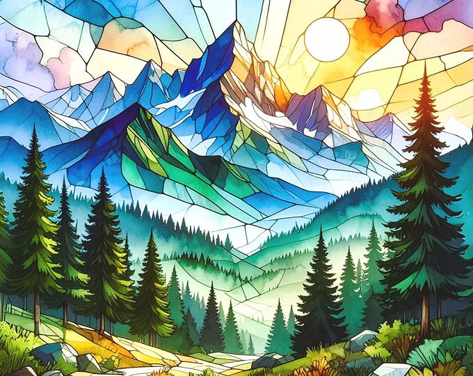 Stained Glass Purple Mountain Majesty Watercolor Sunset Hiking Nature Forest Fabric Quilt Block Panel
