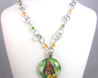 Artisan Butterfly Beaded Glass Pendant Necklace Green Orange Kamehameha Hawaii